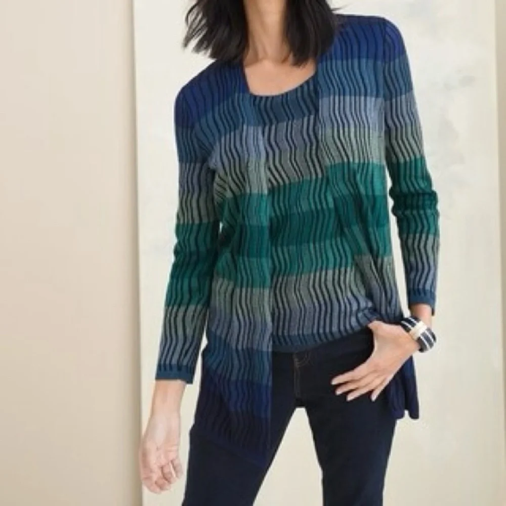Chicos Blue Green Striped Open Front Cardigan Sweater Jacket Size 0